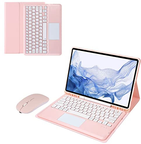 Bueuwe Tastatur Hülle für Samsung Galaxy Tab S7 FE/S7 Plus/S8+ 12,4 Zoll – Abnehmbare Kabellose Tastatur Mit S Pen-Halterung, Bluetooth-Maus,Pink with touchpad