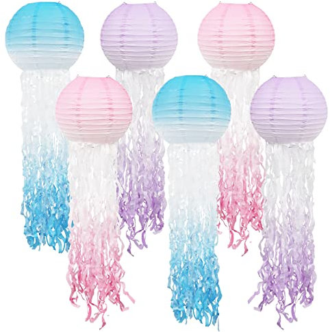 LURICO Quallenlaterne Papier Laterne 6 Stück Papierlaterne Laterne Deko Ozean Thema Party Lieferungen, Laterne Deko für Kinder Thema Party Taufe Geburtstag Zimmerdeko (Farbverlauf)