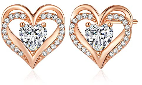 CDE Ohrringe für Damen 925 Sterling Silber Rosegold Geschenk für Sie Forever Love Herz Geburtsstein Frauen Ohrstecker Schmuck Valentinstag Weihnachten Muttertag Geburtstags Hochzeits Jubiläum