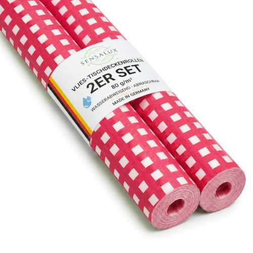 Sensalux Vlies Tischdeckenrolle 2er Set 1,18 x 10 m Karo Weiß-Rot, 80 g/m² | abwaschbar, wasserabweisend, stoffähnliche Tischdecke Rolle, OEKO-TEX, Party, Catering, Gastro