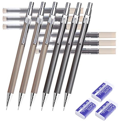 JSMTKJ 6 Stück Druckbleistifte Set, Metall Mechanische Bleistifte 0,5 mm mit 6 Dosen Bleistiftminen & 3 Radiergummis für Skizzieren,Zeichnen,Illustrieren, Schreiben und Hausaufgaben