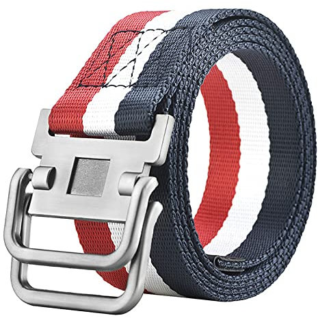 FOOOZ Doppelschnalle Canvas Gürtel Herren Military Training Gürtel Mode Outdoor Metallschnalle Bund, rot weiß blau, 125 cm