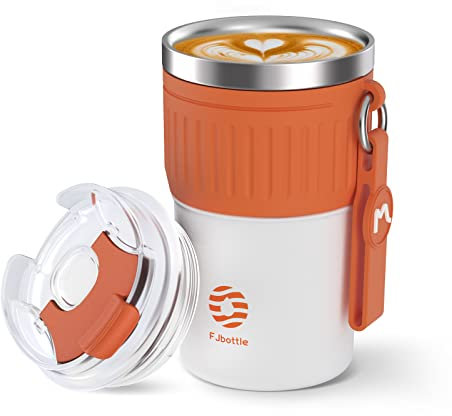 Fjbottle Travel Mug with Leakproof Lid 400ML, Reusable Insulated Coffee Cup, Stainless Steel Thermal Cup Double Walled, Coffee Travel Mug for Hot and Cold Drinks