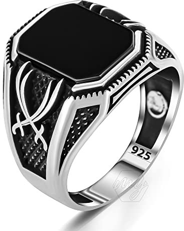 Herren-Ring aus 925er-Sterlingsilber, Zulfiqar Schwert-Design, schwarzer Onyx-Stein, Metall, Onyx, Metall, Onyx