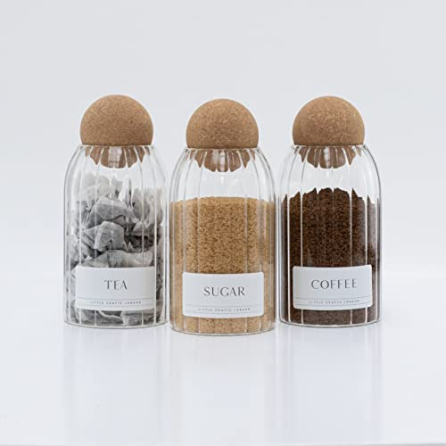 Set of 3 Ribbed Glass Jars 800 ML | Glass Jars with Cork Ball Lid | Coffee & Tea Sugar Jar Set