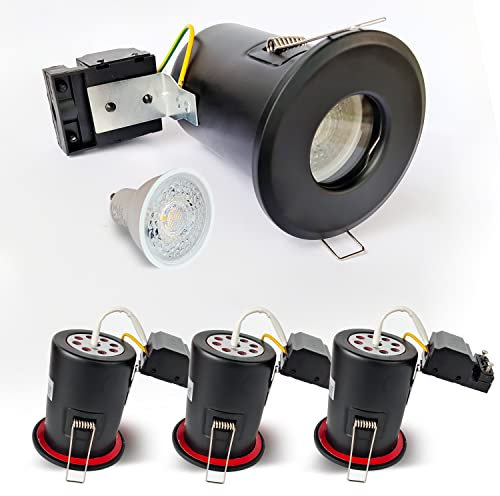 Sweier Feuerbeständige Downlights, Schwarz IP65 Wasserdichte Strahler für das Badezimmer, GU10 5W Warmweiß 3000k Feuerhemmendes LED Deckeneinbaustrahler, Bohrung ø68-75 mm, Satz von 4