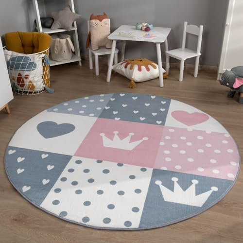TT Home Kinderzimmerteppich Teppich Junge Mädchen Kinderteppich Baby Herzen Pastell, Farbe:Grau Rosa Beige, Größe:120 cm Rund