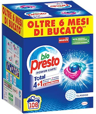 Bio Presto Power Caps Classico, Detersivo Lavatrice Predosato in Capsule, Confezione da 108 Lavaggi