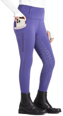 FitsT4 Sports Girls Riding Pants Full Seat High Waist Kids Equestrian Breeches Horse Schooling Tights Zipper Pockets Purple Size M