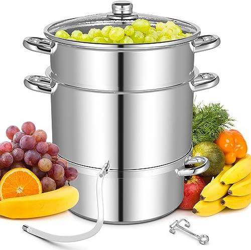 COSTWAY Spremiagrumi a vapore per conserve, 11 quarti di frutta, verdura, vaporiera con coperchio in vetro temperato, tubo in silicone, morsetto e passante, in acciaio inox, estrattore di vapore per