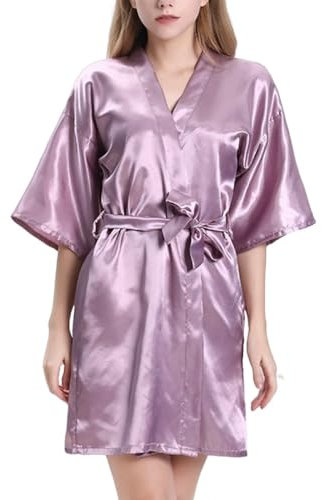 RWGSNB Ladies Lightweight Satin Dressing Gowns Lilac Short Kimono Robe, Classic V Neck Half Sleeves Bathrobe With Belt Bride Sleepwear Nightgown Bademantel Damen,Xs