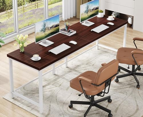 Tribesigns Double Desk, 200 cm Extra Long Computer Desk, Office Table for Study, Bedroom, Home Office, Industrial Design, Metal Frame, Espresso and White