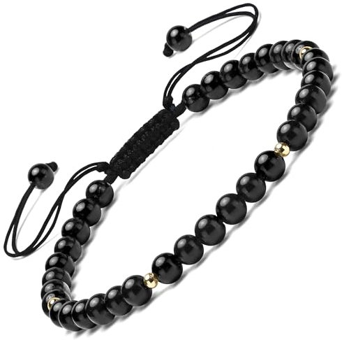 Apocalyptic-K Schwarzes Turmalin-Naturstein-Armband&18K Gold |4-6MM | 6.7-9.3 IN | ,Damen Armband &18K Gold | Einstellbar (Schwarzes Turmalin, 4MM)