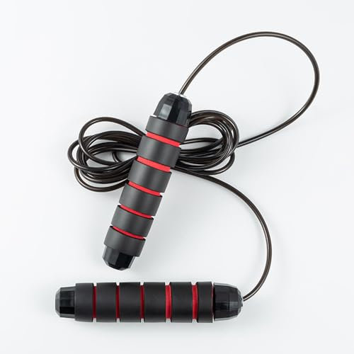 Cuerda de saltar de acero ajustable con rodamientos de bolas de acero y asas de espuma antideslizantes, adecuada para estudiantes, adultos, boxeo, fitness, con cuerda de saltar, 2,8 m (negro y rojo)