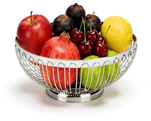 Obstschale Silber Edelstahl Obsttablett 26cm Runde Snack Gemüse Schale | Europäischen Stil Draht Hohl Deko Obstkorb für Home, Restaurant
