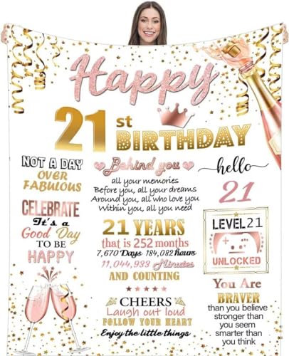 21st Birthday Gifts Blanket for Her, Birthday Gifts for Women Turning 21 Unique, Personalised Birthday Flanell Blanket Gifts for Women, Best Friends, Bestie, Sister, Daughter, Niece