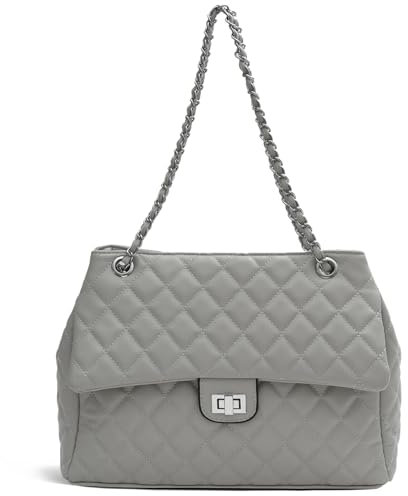 Umhängetasche Damen Klein Handtaschen - PU Leder Crossbody Bag für Frauen Unterarmtasche Elegante Schultertasche Metallic Kette Riemen Lingge Tasche Kleine Gesteppte Abendtasche Citytasche(Grau)