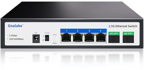 Goalake - Interruptor de Escritorio Multi-Gigabit de 6 Puertos 2,5 G no gestionado, 4 Puertos Base-T 2,5 G, 2 SFP 10 G, Control de Flujo 802.3X, conmutador de Red 2,5 Gbe Ideal para oficinas pequeñas