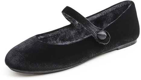 Feversole Women's Velvet Mary Jane Scarpe Basse Classiche Décolleté Eleganti Mary Jane con Fibbia Morbida Scarpe da Ballo per Balletto per Donna Velluto Nero Foderato di Pelliccia 40