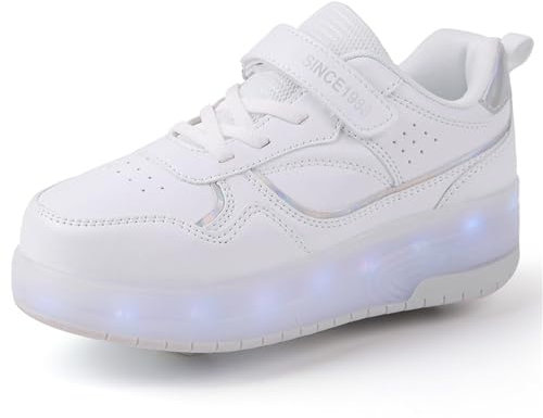 Mateju Chaussures à roulettes Fille Garçon Enfant Patins à roulettes Rétractable avec 2 roulettes, 2 en 1 Chaussures de Skateboard Réglables Adolescents pour Homme Femme 34 EU Blanc