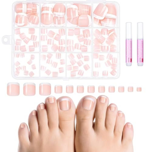 120Pcs False Toenails Set, Toe Nails False Fake Toe Nails, French Tip Toe Nails, Natural Press on Toenails Nude Short Fake Toe Nails for Nail Art DIY, Girls Nail Salon (French-Toe)
