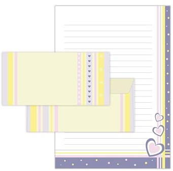 Briefpapier-Set modernes Herzmotiv gelb lila Briefblock mit Umschlag für Kinder Erwachsene Geschenk (Block A4 mit 25 Blätter + 15 Umschläge DIN Lang)