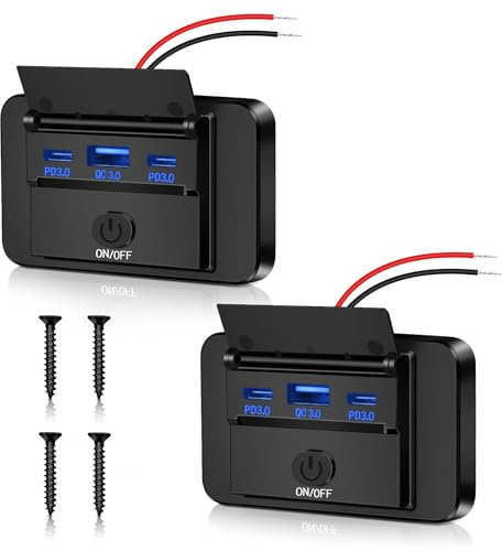 Daakro 2 Stück 72W USB Ladebuchse 12V Autoladegerät Dual PD3.0 Typ C & QC3.0 USB Handy Schnellladegerät Wasserdicht mit Schalter für 12 V / 24 V Auto Wohnmobil Boot Motorrad LKW