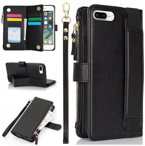 GoodcAcy for iPhone 7 Plus/iPhone 8 Plus Phone Case Zipper Pocket Flip Shockproof Leather Folio Wallet Case with 15 Card Holder Slots Stand Silicone Bumper Zip Cover Case Protection Cover(Black)