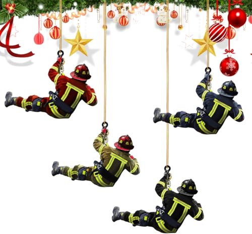 4 Stück Feuerwehrmann Weihnachten Deko, Feuerwehrmann Weihnachtsbaumschmuck Anhänger, Acryl 2D Weihnachten Feuerwehrmann Anhänger, Für Wandfenster, Bäume, Auto Rückspiegelzubehör