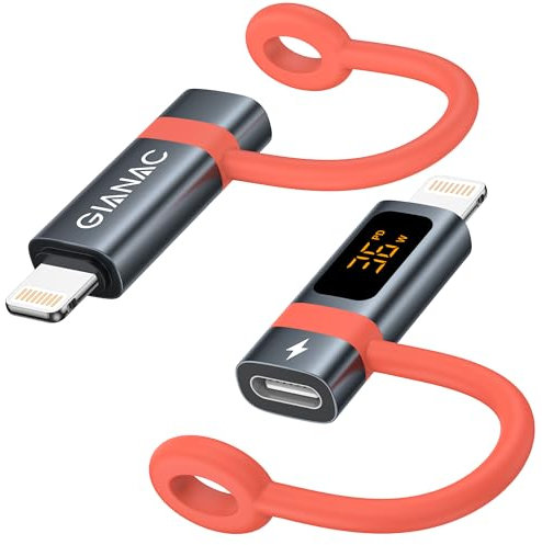 Adaptador USB C a Lightning con Pantalla LED (2Pack) 36W Adaptador de Lighting de Carga Rápida para iPhone 14/13/12/11 Pro MAX Mini/X/XR/XS/SE/8/7/iPad/AirPods (está equipado con un cable antipérdida)