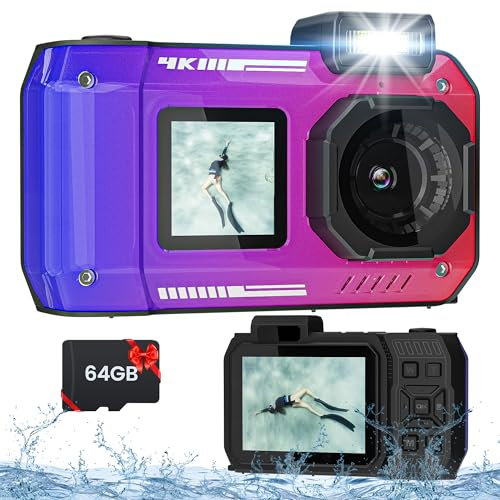 4K 100 m Digitalkamera mit 32G-Karte, 48 MP Unterwasserkamera, wasserdicht, robust, staubdicht, stoßfest, für Schnorcheln, Tauchen, Selfie, Dual-Screen-Point und Shoot-Digitalkamera (Farbverlauf)