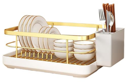 CAKEEYUM Dish Drying Rack, Space-Saving Gold Dish Drying Rack with Drip Tray, Carbon Steel Dish Rack with Cutlery Holder, Removable Dish Drainers for Kitchen Counter Dish RackDish Drying Rack Gold Di