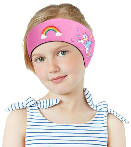 MoKo Schwimmen Stirnband, Neopren Schwimmband Ohrenband Wasserdichtes Kopfband Haarband mit Hohe Elastizität und Klettverschluss Ohrenschutz Band für Kinder Alter 1-2, S Größe, Rosa Regenbogen Einhorn