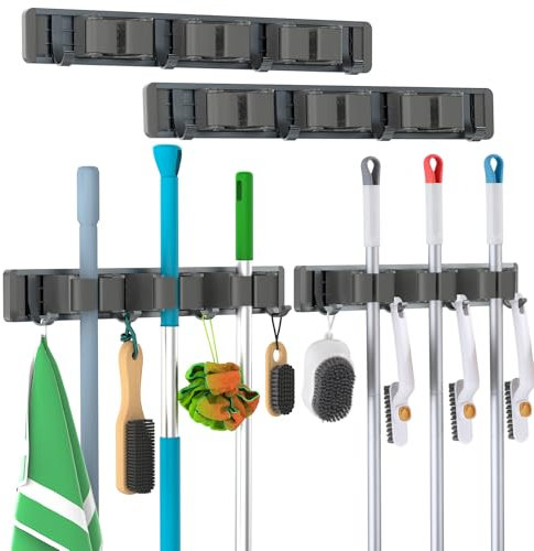 SGUVK 2 Stück Besenhalterung Wand, Gerätehalter Besen Mop Halter mit 3 Halter und 4 Haken, Einstellbar Schwerlast Gerätehalter Organizer Kleber und Nails Installiere für Badezimmer Garage Garten Küche