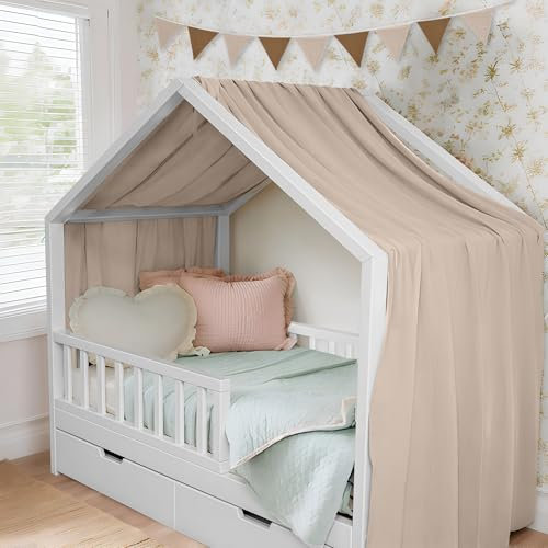 ToxyJopy Hausbett Himmel aus 100% Musselin Baumwolle – Handgemachte Hausbett Deko mit Stoffvorhang – Betthimmel für Hausbett