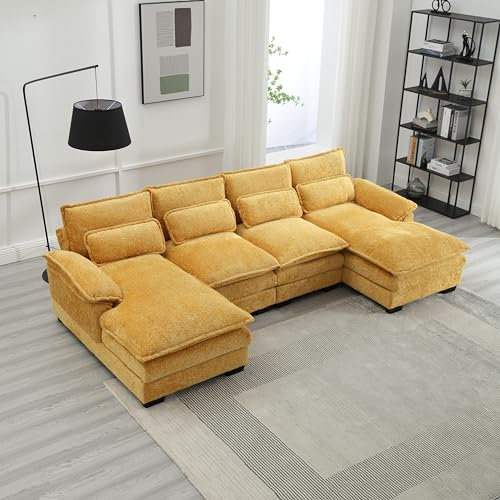 LIFEISLE U-Form Sofa Couch mit Doppel Chaiselongue, Wohnzimmer Modernes Sofa mit Verdicktes Doppel-Sitzkissen und Lendenwirbelstützekissen, Chenille Gelb