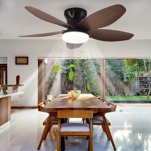 LASANYA Ventilateur de Plafond avec Télécommande avec Éclairage Salon Dimmable Silencieux Luminaire Ventilateur Plafonnier À 5 Pales Moteur DC Lampe Ventilateur de Chambre, Réversible-Black-Wood-88CM