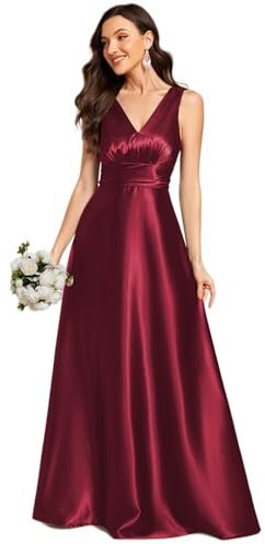 Ever-Pretty Women Maxi Bridesmaid Dress Pleated A-Line Satin Sleeveless Double V Burgundy 12UK