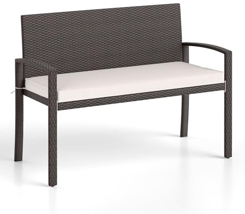 LIFEZEAL 2-Sitzer Gartenbank Polyrattan, Sitzbank Wetterfest mit Sitzkissen, Terrassenbank Outdoor mit Rückenlehne & Armlehnen, Rattan Bank für Garten, Balkon, Terrasse, bis 360 kg (Weiß)