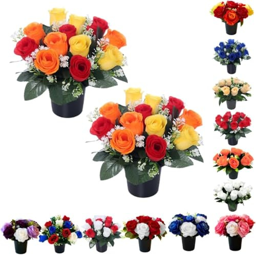 Homesecret Pack 2 Artificial Flowers for Graves in Pots 25cm | 12 Head Mix Grave Flower Pots for Christmas | Luxury Memorial Flowers for Graves, Funerals & Lasting Tributes | All Season Displays