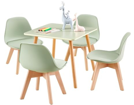 EGGREE Kindertisch mit 4 Stühlen, Kindersitzgruppe, aus FSC nachhaltigem massivem Buchenholz, 1 bis 6 Jahre Kinder, Kindermöbel für Kinderzimmer, Kindergärten, grün
