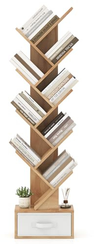 COSTWAY Tree Bookshelf, 10-Tiers Tall Floor Standing Wooden Bookcase Storage Shelving Unit, Narrow Magazine Book Display Rack for Living Room, Bedroom and Office (Natural, with Drawer)
