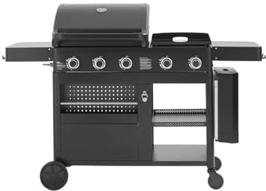 Cook'in Garden - Barbacoa de gas FLAMY 3 en 1, plancha + horno de pizza + barbacoa de gas de 3 quemadores, parrillas de hierro fundido esmaltado.