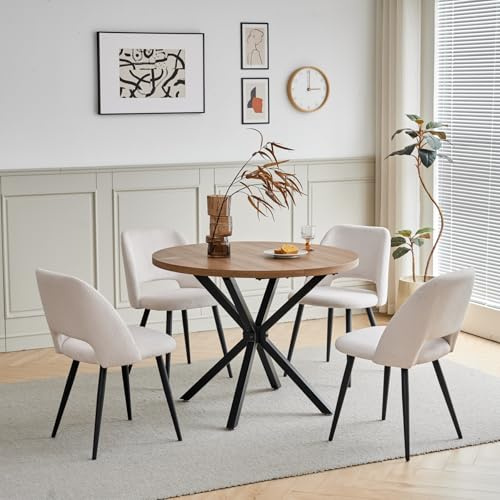HJhomeheart Esstisch und Stuhlset, Runder Esstisch mit 4 stühlen aus Cord,Durchbrochener Gepolsterte Küchenstühle,100cm Runder Esstisch,Küchentisch mit Stühlen,für Esszimmer,Küche(Dunkel + Beige)