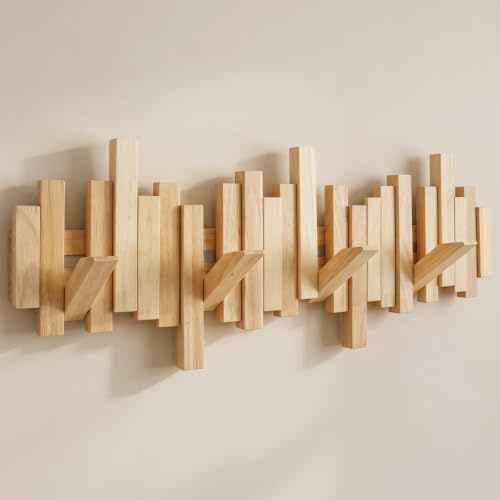 Toyzy Garderobenleiste Holz 8 Haken, klappbar & Magnet | für Flur & Schlafzimmer,Garderobe,Wandgarderobe, Klappbarer Magnethaken im Klavierdesign(Naturholzoptik)