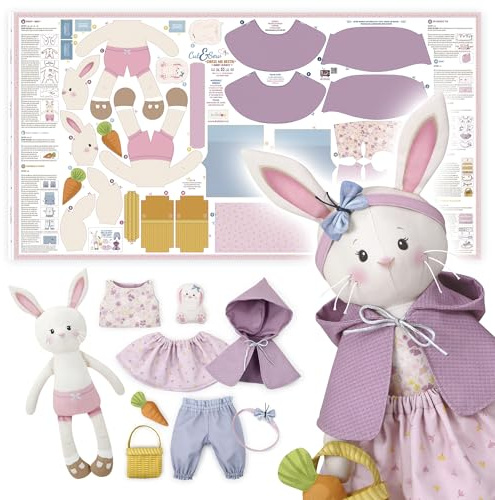kullaloo Cut & Sew Stoff Paneel auf Baumwolle – Hasen Anziehpuppe selber nähen, inkl. Häschen, Shirt, Rock, Umhang und mehr – Öko-Tex 100 zertifiziert – Dress Me Besties BIBBY BUNNY
