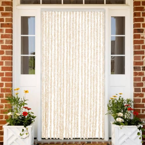 Runheo Rideau Anti-Mouches Beige et Blanc 90x220 cm en Chenille pour Porte fenetre Chambre Salon Cuisine Protection Insectes léger Silencieux réglable avec Crochets