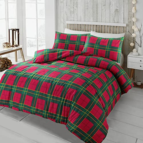 Artistic Fashionista Limited 100% Brushed Cotton Flannelette TARTAN CHECK Duvet/Quilt Cover & Pillowcases Bedding Set - Extra Durable & Pilling Free (Red, King)