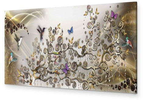 murando - Wandbilder XXL a'la Gustav Klimt 120x40 cm 1 tlg - Wand Deko Vlies Leinwand Bilder Groß Wanddeko Wohnzimmer Schlafzimmer Kunstdrucke Panoramabild - Abstrakt Baum Vogel Kolibri