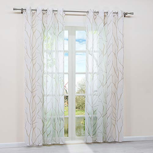 HongYa 1 Stück Ösenschal Transparente Gardine Schal Voile Vorhang mit Ösen Äste Muster H/B 245/140 cm Weiß Sand